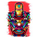 Imagem estilizada do Iron Man em cores vibrantes, destacando seu traje característico e o núcleo Arc. O fundo é vermelho, realçando a silhueta icônica do herói.