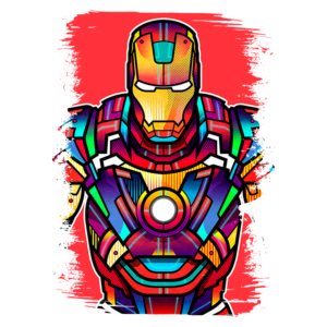 Imagem estilizada do Iron Man em cores vibrantes, destacando seu traje característico e o núcleo Arc. O fundo é vermelho, realçando a silhueta icônica do herói.