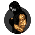 Ilustração de um personagem masculino com cabelo escuro e barba, olhando para o lado, destacando um braço metálico dourado com detalhes geométricos. O fundo é circular e cinza, contrastando com a cor do braço. A imagem evoca temas de força e transformação.