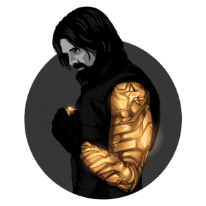 Ilustração de um personagem masculino com cabelo escuro e barba, olhando para o lado, destacando um braço metálico dourado com detalhes geométricos. O fundo é circular e cinza, contrastando com a cor do braço. A imagem evoca temas de força e transformação.