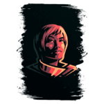 Ilustração estilizada de uma mulher com cabelo curto e expressão confiante, vestindo um traje espacial. O fundo escuro destaca as cores vibrantes do rosto e do traje, sugerindo um tema futurista e de exploração espacial.