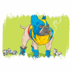 Bulldog francês estilizado com roupa colorida e charuto na boca, cercado por latas de refrigerante amassadas, em um fundo verde vibrante.