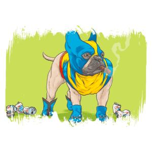 Bulldog francês estilizado com roupa colorida e charuto na boca, cercado por latas de refrigerante amassadas, em um fundo verde vibrante.