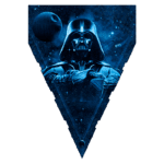 Ilustração de Darth Vader em um fundo espacial, com detalhes da Estrela da Morte e uma nave ao fundo. A arte é predominantemente azul, destacando o icônico vilão da franquia Star Wars.