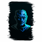 Ilustração digital de um personagem com pele azul e expressão intensa, destacando traços faciais angulares e cabelo curto. O fundo é escuro, criando um contraste que enfatiza o design estilizado do personagem. Ideal para temas de fantasia ou ficção científica.