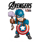 Ilustração do Capitão América em estilo cartoon, segurando o Martelo de Thor e escudo, com o logo de "Avengers: Endgame" da Marvel Studios ao fundo.