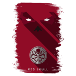 Imagem estilizada do vilão Red Skull, com fundo vermelho e detalhes em preto e branco, incluindo o símbolo da Hidra. Ideal para fãs de quadrinhos e cultura pop.
