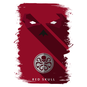 Imagem estilizada do vilão Red Skull, com fundo vermelho e detalhes em preto e branco, incluindo o símbolo da Hidra. Ideal para fãs de quadrinhos e cultura pop.