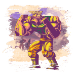 Personagem de jogos de luta com músculos exagerados e roupas coloridas, posando em uma cena de ação. O fundo apresenta um ambiente de batalha, destacando a energia e a intensidade do jogo.