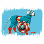 Cão vestindo uniforme do Capitão América, segurando um escudo, em fundo azul. Ilustração divertida e colorida de um super-herói canino.