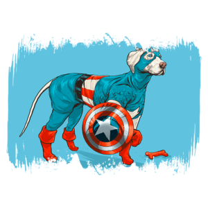 Cão vestindo uniforme do Capitão América, segurando um escudo, em fundo azul. Ilustração divertida e colorida de um super-herói canino.