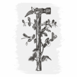 Martelo com folhas e ramos entrelaçados, simbolizando a fusão entre ferramentas e natureza, em um estilo artístico vintage.