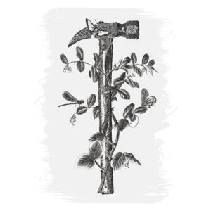 Martelo com folhas e ramos entrelaçados, simbolizando a fusão entre ferramentas e natureza, em um estilo artístico vintage.