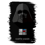 Imagem estilizada do capacete de Darth Vader com fundo escuro e elementos gráficos coloridos representando detalhes da armadura, acompanhada pelo texto "DARTH VADER".