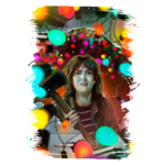 Personagem segurando um machado em meio a luzes coloridas e bolas de Natal, expressando ansiedade e tensão, em uma cena que mistura festividade e suspense.