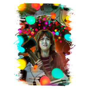 Personagem segurando um machado em meio a luzes coloridas e bolas de Natal, expressando ansiedade e tensão, em uma cena que mistura festividade e suspense.