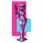 Ilustração de uma personagem feminina estilo robô, com armadura brilhante e pistola, em um fundo colorido com tons de rosa e azul. Ideal para fãs de arte pop e ficção científica.