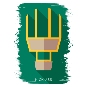 Ilustração estilizada de uma luva de boxe com cores amarelas e um fundo verde, representando o tema "Kick-Ass".