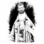 Ilustração em preto e branco de um homem com barba, vestindo uma camisa aberta e mostrando uma camiseta manchada. O fundo apresenta um efeito artístico com traços escuros, transmitindo uma sensação de intensidade e força.