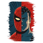 Ilustração dividida mostrando metade do rosto do Homem-Aranha, com máscara vermelha e teias, e metade do rosto de um super-herói sem máscara, sorrindo em fundo azul e vermelho. A obra destaca a dualidade entre os personagens.