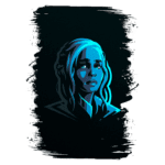 Ilustração digital de uma mulher com cabelo longo e ondulado, em tons de azul, com expressão contemplativa, destacando-se sobre um fundo escuro. A imagem transmite uma sensação de força e mistério, ideal para temas de fantasia ou ficção.