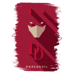 Imagem minimalista do personagem Daredevil, destacando sua máscara vermelha e símbolo "DD" em um fundo vermelho. Ideal para fãs de quadrinhos e cultura pop.