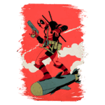 Deadpool em uma pose dinâmica, segurando uma pistola e montado em um míssil, com um fundo vermelho vibrante e nuvens brancas.