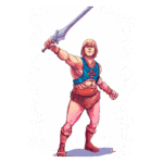 Personagem forte segurando uma espada mágica, vestindo uma armadura azul e um cinto laranja, com um fundo artístico em estilo desenho animado.