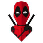 Ilustração do personagem Deadpool, com traje vermelho e preto, duas espadas nas costas, em estilo cartoon. Ideal para fãs de quadrinhos e cultura pop.