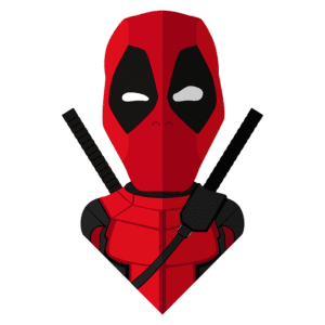 Ilustração do personagem Deadpool, com traje vermelho e preto, duas espadas nas costas, em estilo cartoon. Ideal para fãs de quadrinhos e cultura pop.