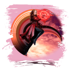 Personagem feminina em trajes vermelhos, usando magia com uma esfera de energia vermelha, contra um fundo de nuvens e efeitos de luz coloridos.