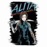 Imagem de Alita, protagonista de "Battle Angel", segurando uma espada. Ela possui um visual futurista com próteses metálicas e expressões intensas, destacando-se em um fundo artístico.