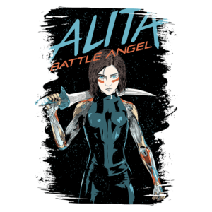Imagem de Alita, protagonista de "Battle Angel", segurando uma espada. Ela possui um visual futurista com próteses metálicas e expressões intensas, destacando-se em um fundo artístico.