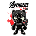 Personagem do Pantera Negra em estilo cartoon, com fundo vermelho e o logotipo dos Vingadores: Ultimato em cima. Ideal para fãs de quadrinhos e filmes da Marvel.