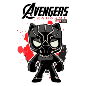 Personagem do Pantera Negra em estilo cartoon, com fundo vermelho e o logotipo dos Vingadores: Ultimato em cima. Ideal para fãs de quadrinhos e filmes da Marvel.
