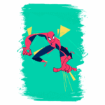 Homem-Aranha em uma pose dinâmica, com traje vermelho e azul, saltando sobre um fundo verde com formas geométricas coloridas.