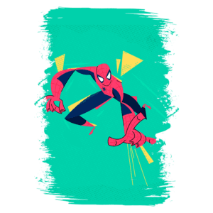 Homem-Aranha em uma pose dinâmica, com traje vermelho e azul, saltando sobre um fundo verde com formas geométricas coloridas.