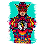 Ilustração do Flash, super-herói da DC Comics, retratado de forma vibrante e colorida, destacando seu traje icônico com o símbolo do raio no centro. Fundo azul.