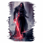 Imagem de um personagem sombrio empunhando uma espada de luz vermelha, vestindo um manto negro e rodeado por um cenário gélido e misterioso. Ideal para temas relacionados a ficção científica e fantasia.