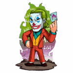 Personagem de palhaço com maquiagem azul e cabelo loiro, vestindo um terno laranja e segurando uma carta de baralho. Fundo colorido com risadas "HA!" em destaque. Ideal para temas de quadrinhos e cultura pop.