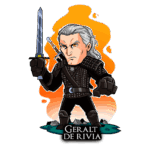 Personagem de Geralt de Rivia em estilo cartoon, segurando uma espada com expressão determinada, vestido com armadura escura e detalhes prateados, contra um fundo flamejante em tons de laranja e amarelo.
