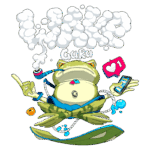 Ilustração de um sapo estilizado sentado em posição de meditação, com um cachimbo e fumaça ao redor. O sapo é identificado como "Guru" e exibe elementos modernos, como ícones de redes sociais e um celular, simbolizando um equilíbrio entre tradição e tecnologia. Fundo verde.