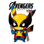 Personagem de desenho animado inspirado no Wolverine, vestido com seu traje clássico amarelo e azul, com garras à mostra, ao lado do logotipo de "Avengers: Endgame" da Marvel Studios.