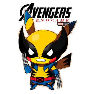 Personagem de desenho animado inspirado no Wolverine, vestido com seu traje clássico amarelo e azul, com garras à mostra, ao lado do logotipo de "Avengers: Endgame" da Marvel Studios.