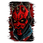 Ilustração de um personagem com pele vermelha e preta, chifres salientes e olhos amarelos, representando uma figura sombria e ameaçadora, em um fundo vibrante com efeitos de tinta.