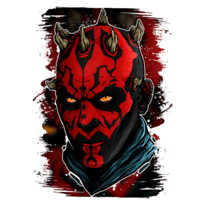 Ilustração de um personagem com pele vermelha e preta, chifres salientes e olhos amarelos, representando uma figura sombria e ameaçadora, em um fundo vibrante com efeitos de tinta.