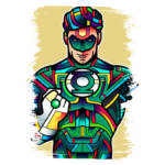 Ilustração colorida de um super-herói com traje vibrante e anel verde, representando um membro da Tropa dos Lanternas Verdes, em pose de ação.