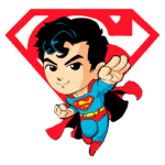 Super-herói em estilo cartoon, voando com um manto vermelho e traje azul, com o símbolo do Superman ao fundo.