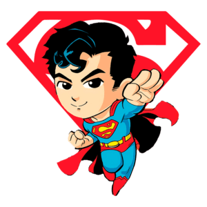 Super-herói em estilo cartoon, voando com um manto vermelho e traje azul, com o símbolo do Superman ao fundo.