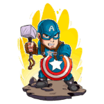 Personagem de super-herói em estilo cartoon, vestindo um traje azul com escudo redondo e segurando um martelo, em uma pose de batalha com fundo amarelo explosivo.